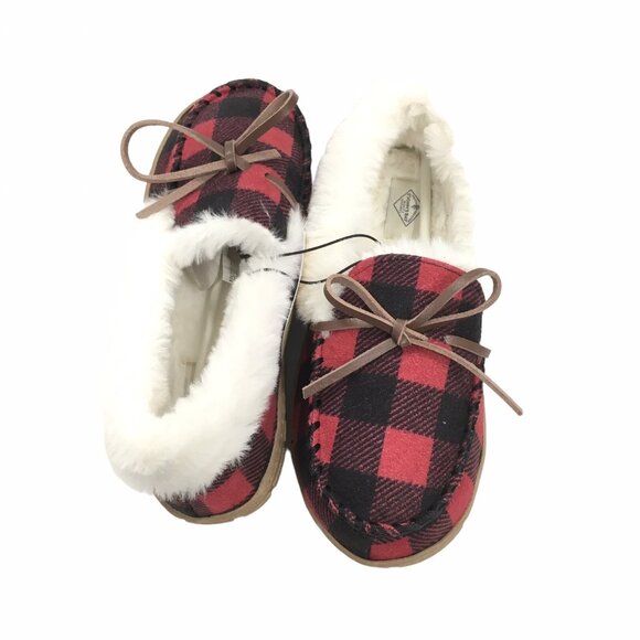 St Johns Bay Slipper House Shoe Women Small 5-6 Buffalo Plaid Moccasin Faux Fur - Picture 4 of 9